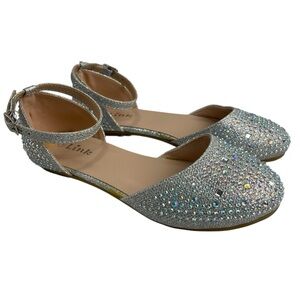 Girls Fancy Formal Dress Shoes Flats with Adjustable Ankle Strap Silver Size 3